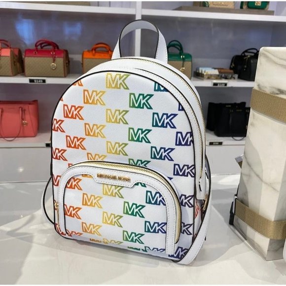 Michael Kors Backpack Jaycee Medium MK Signature Rainbow Optic White NWT - Picture 2 of 12